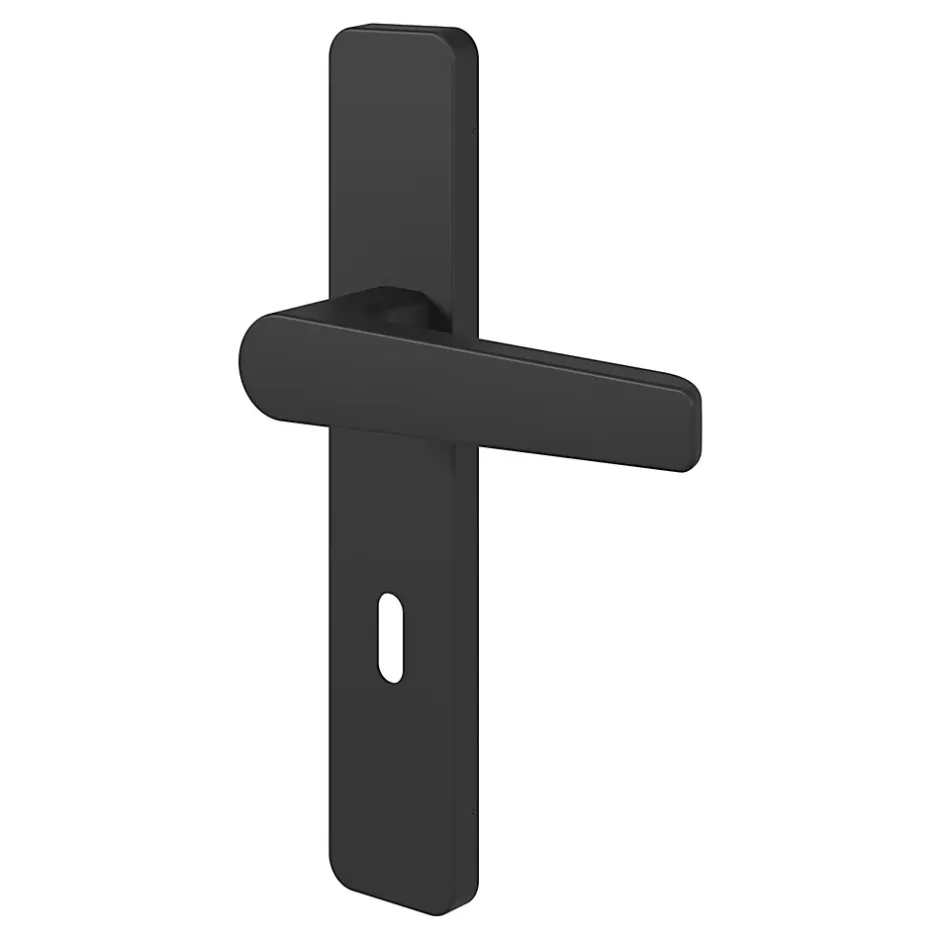 Ensemble poignée sur plaque rectangulaire serrure Kerver effet nickel mat noir L.128mm x l.42mm entraxe 165-195mm-GoodHome Best