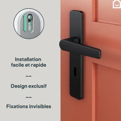 Ensemble poignée sur plaque rectangulaire serrure Kerver effet nickel mat noir L.128mm x l.42mm entraxe 165-195mm-GoodHome Best