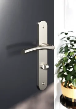 GoodHome Ensemble poignée sur plaque rond à condamnation Hirel effet nickel satin gris L.128mm x l.40mm entraxe 195mm