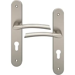 GoodHome Ensemble poignée sur plaque rond cylindre Hirel effet nickel satin gris chromé L.128mm x l.40mm entraxe 195mm