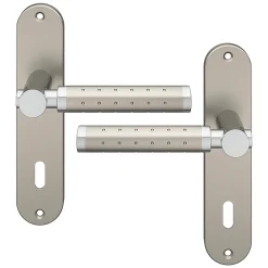 Ensemble poignée sur plaque rond serrure Brigg effet chrome et nickel satin gris L.132mm x l.40mm entraxe 165mm-GoodHome Hot