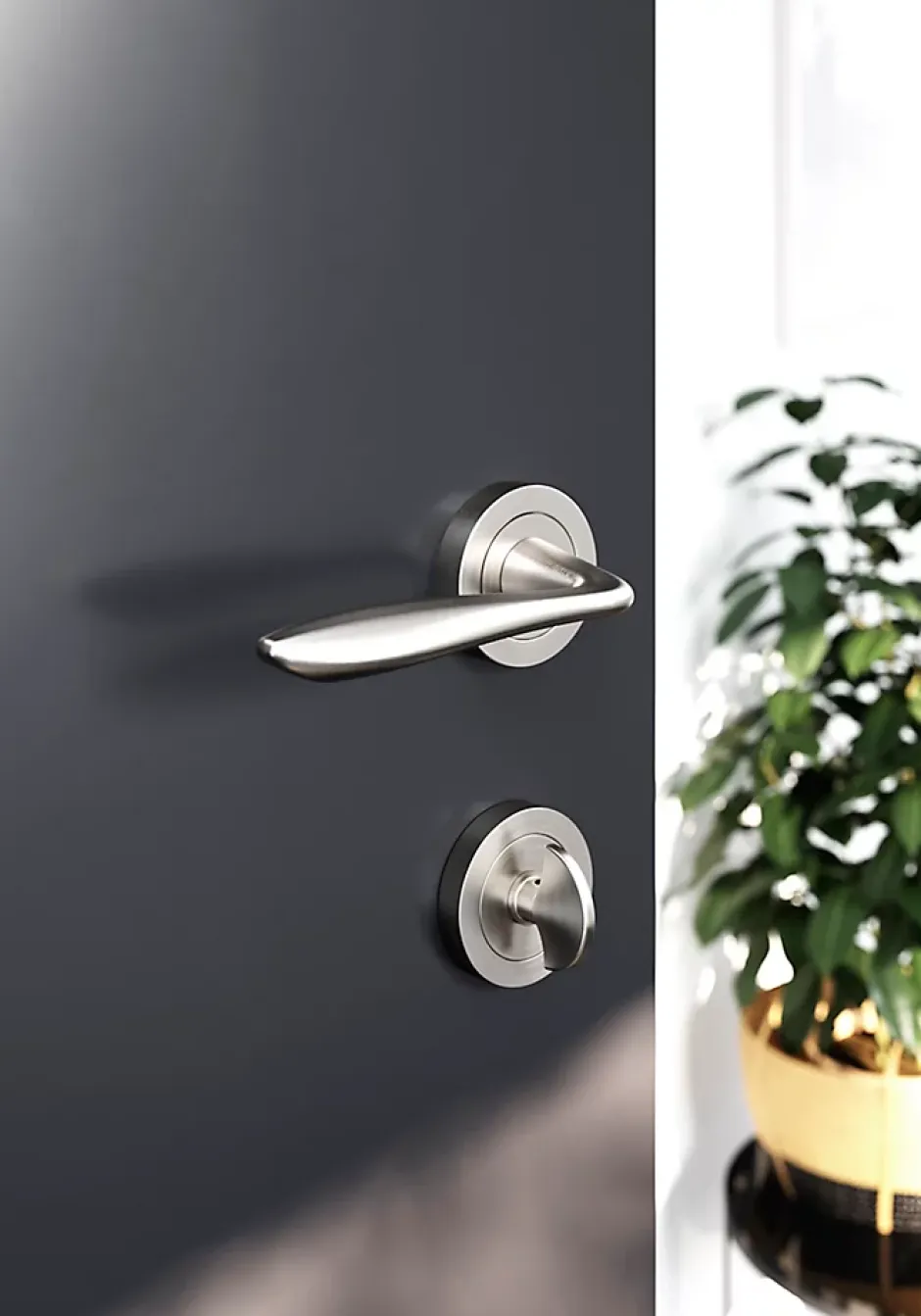 GoodHome Ensemble poignée sur rosace Incurvé à visser Meham effet nickel satin gris Ø52mm
