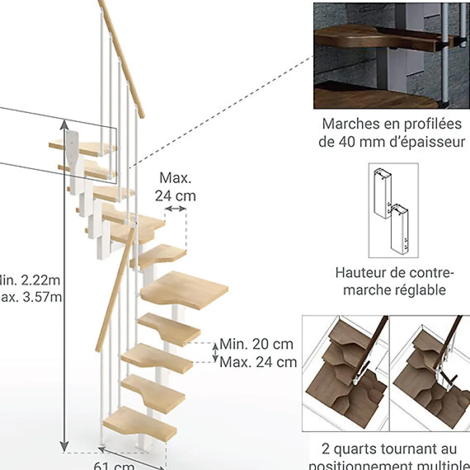 Escalier 2 quart tournant 9 marches - Hauteur à franchir de 2.01 à 2.37m - Largeur 61cm - Couleur naturel et blanc --Matisere