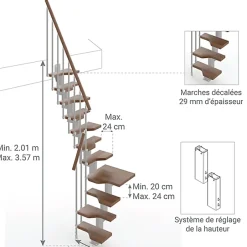 Escalier 1 quart tournant 14 marches - Hauteur à franchir de 3.01 à 3.57m - Largeur 61cm - Couleur noyer et gris --Matisere Outlet