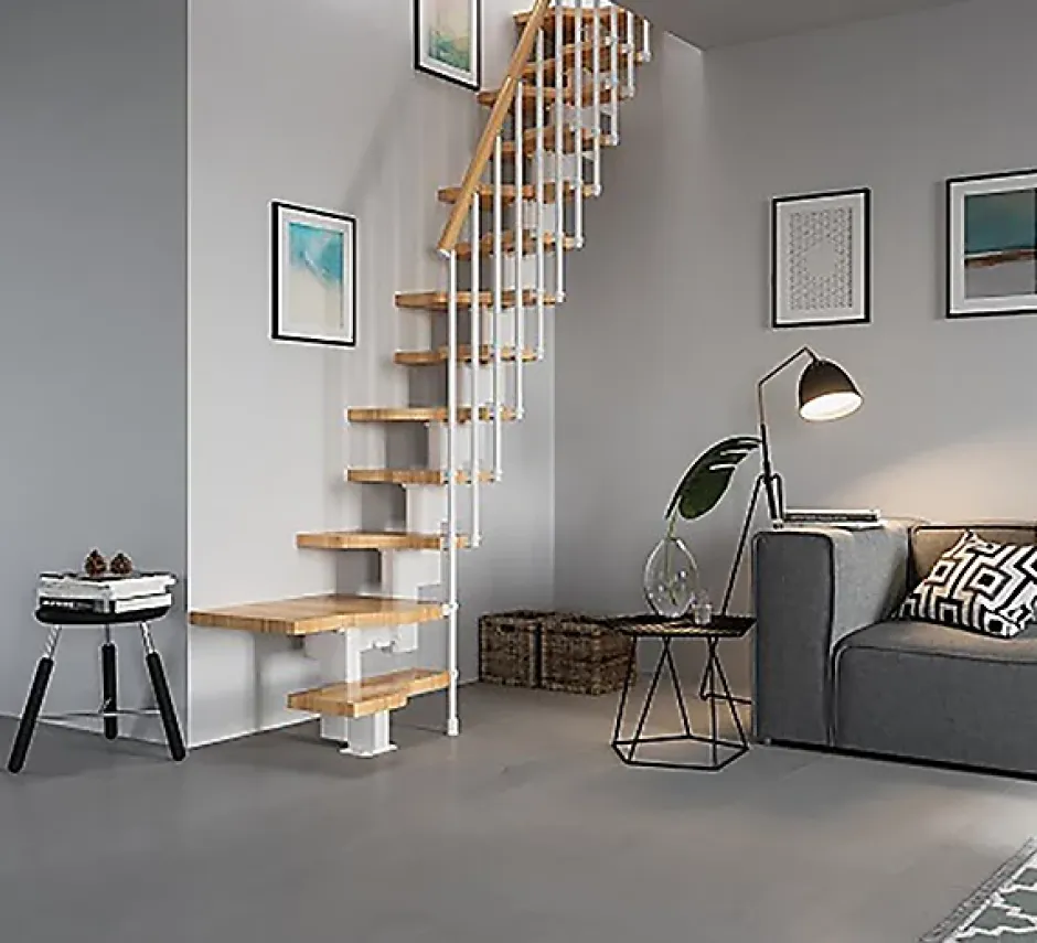 Matisere Escalier 1 quart tournant 13 marches - Hauteur à franchir de 2.81 à 3.33m - Largeur 61cm - Couleur bois et blanc -