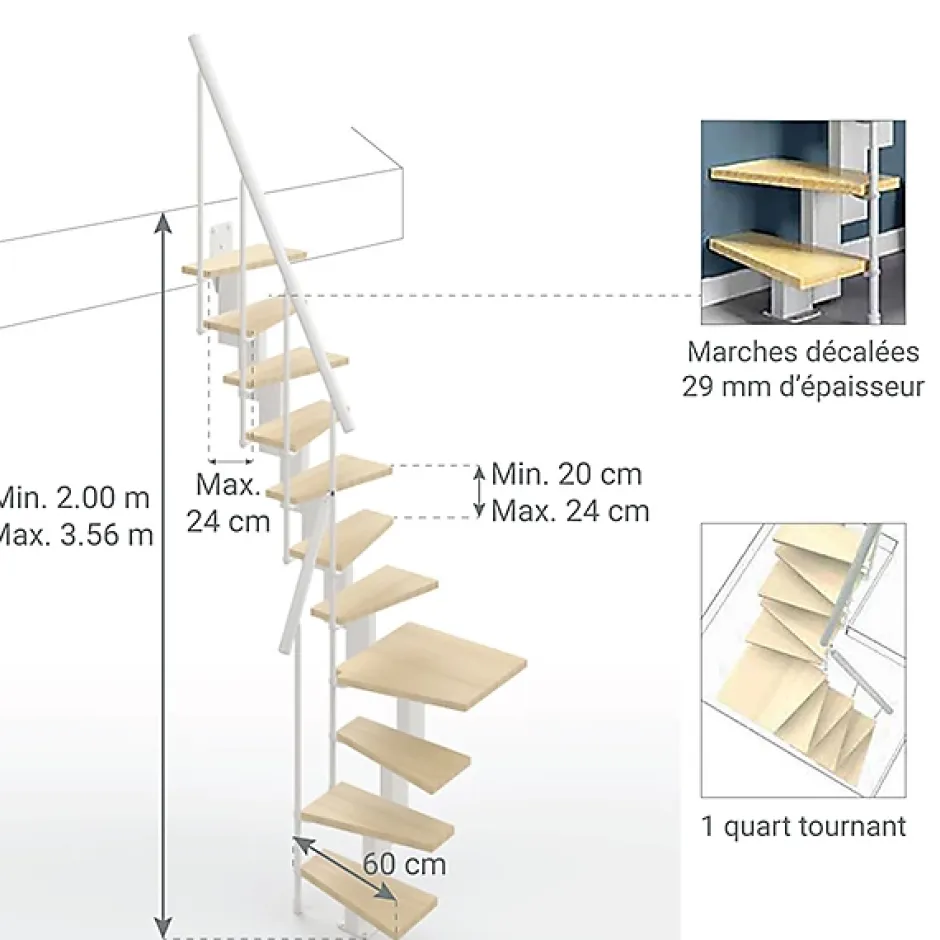 Matisere Escalier 1 quart tournant 10 marches - Hauteur à franchir de 2.20 à 2.60m - Largeur 60cm - Couleur bois et blanc -