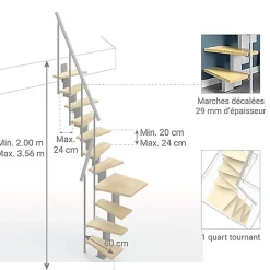Escalier 1 quart tournant 12 marches - Hauteur à franchir de 2.60 à 3.08m - Largeur 60cm - Couleur bois et blanc --Matisere Hot