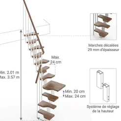 Matisere Escalier 1 quart tournant 13 marches - Hauteur à franchir de 2.81 à 3.33m - Largeur 61cm - Couleur noyer et gris -
