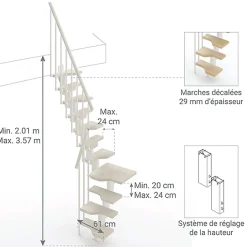 Escalier 1 quart tournant 11 marches - Hauteur à franchir de 2.41 à 2.85m - Largeur 61cm - Couleur bois et blanc --Matisere Outlet