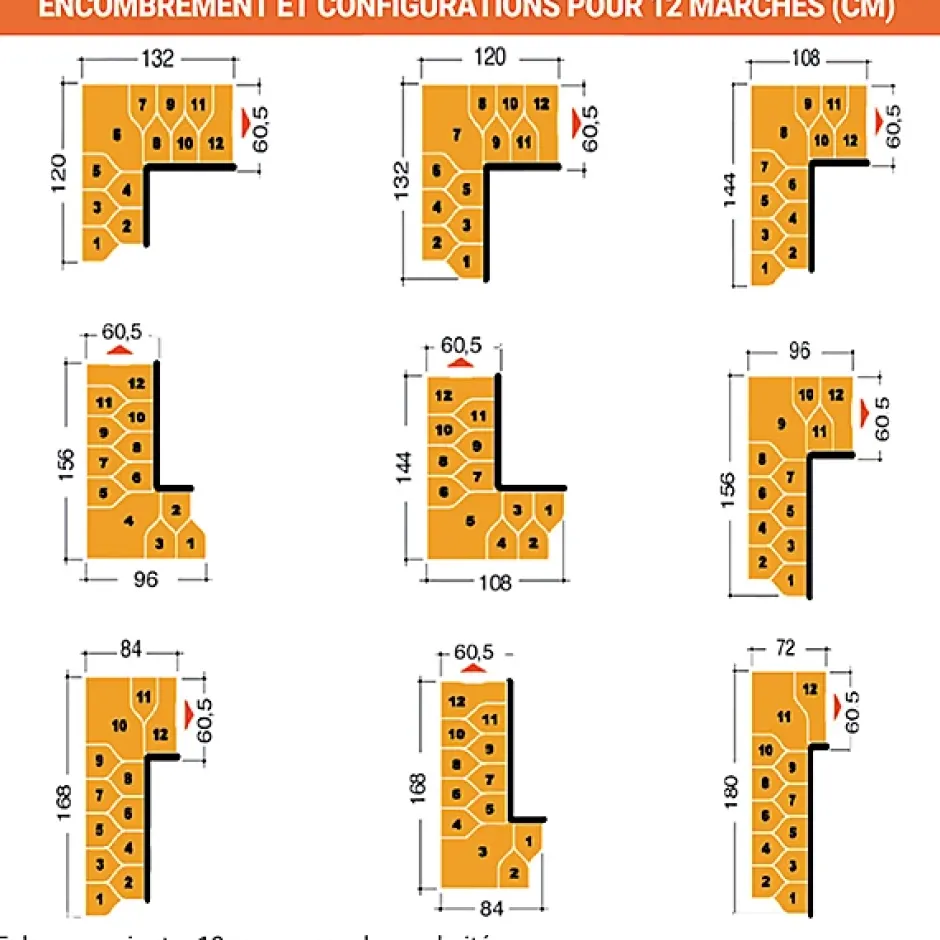 Matisere Escalier 1 quart tournant 14 marches - Hauteur à franchir de 3.01 à 3.57m - Largeur 61cm - Couleur naturel et blanc -