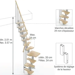 Matisere Escalier 1 quart tournant 10 marches - Hauteur à franchir de 2.21 à 2.61m - Largeur 61cm - Couleur naturel et blanc -