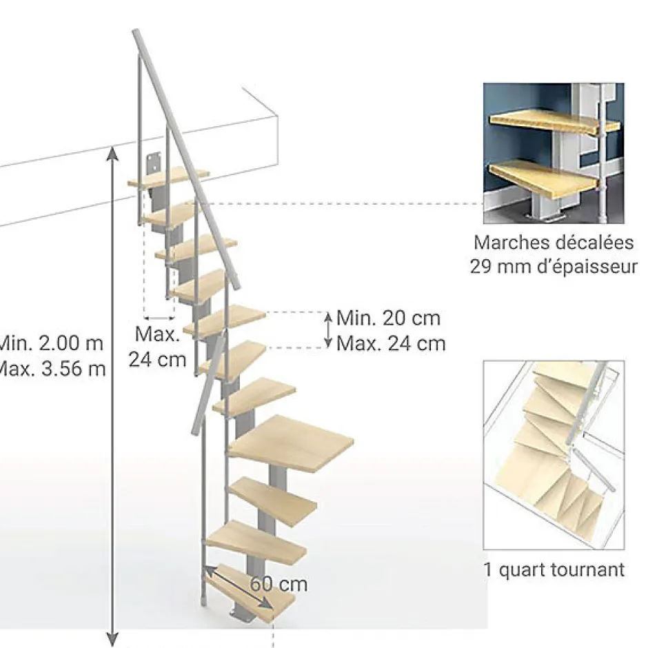 Escalier 1 quart tournant 9 marches - Hauteur à franchir de 2.00 à 2.36m - Largeur 60cm - Couleur bois et blanc --Matisere Sale