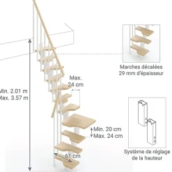 Escalier 1 quart tournant 12 marches - Hauteur à franchir de 2.61 à 3.09m - Largeur 61cm - Couleur naturel et blanc --Matisere Discount