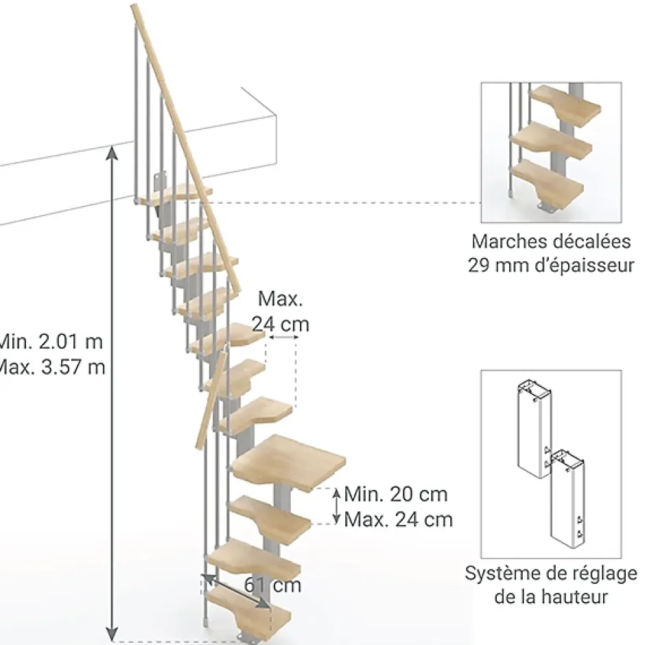 Matisere Escalier 1 quart tournant 12 marches - Hauteur à franchir de 2.61 à 3.09m - Largeur 61cm - Couleur naturel et blanc -