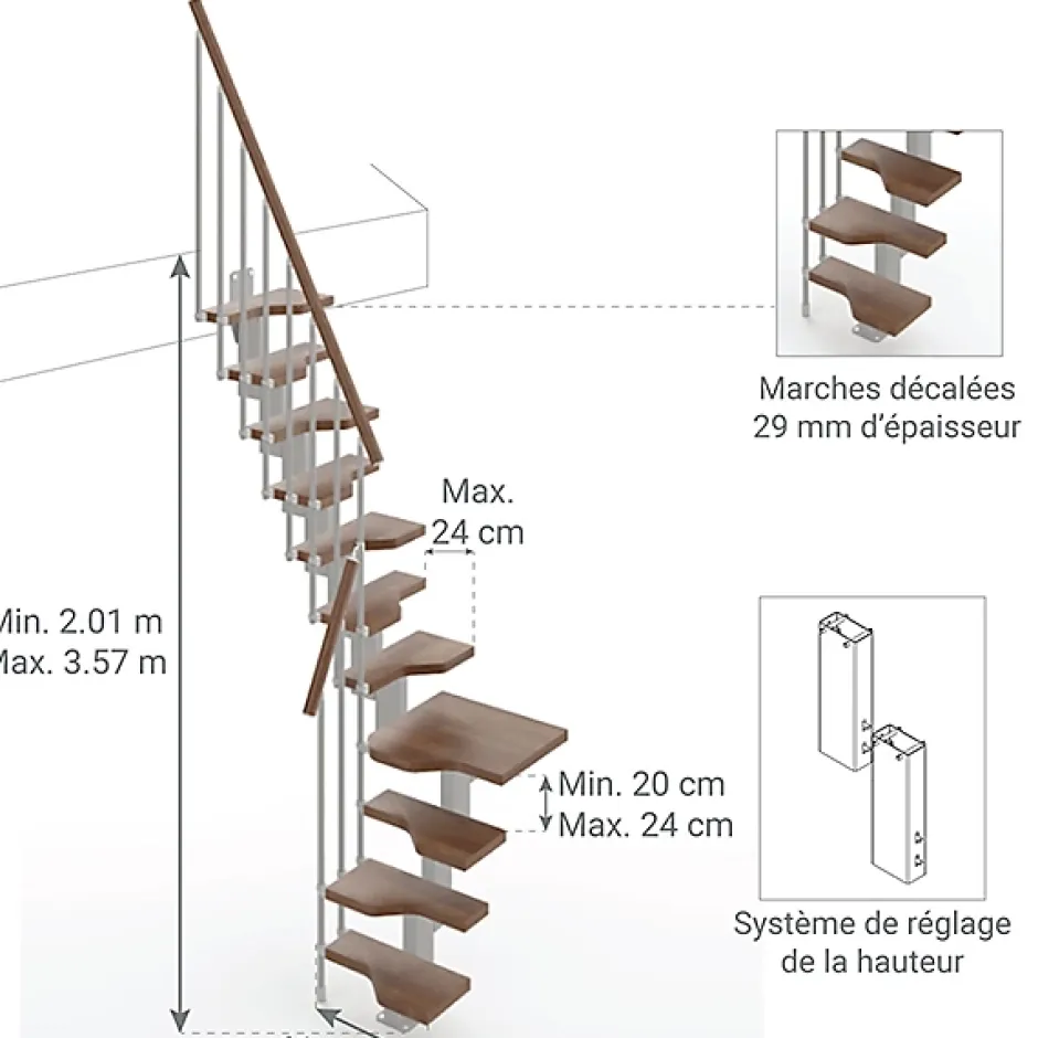 Matisere Escalier 1 quart tournant 10 marches - Hauteur à franchir de 2.21 à 2.61m - Largeur 61cm - Couleur noyer et gris -