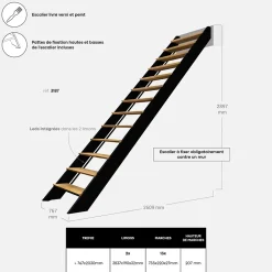 Kordo Escalier bois droit noir à LED intégrées, Spectra