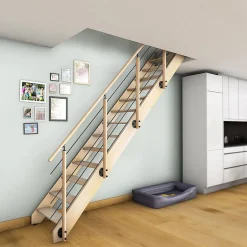 Kordo Escalier bois hêtre droit avec garde-corps, Nostra