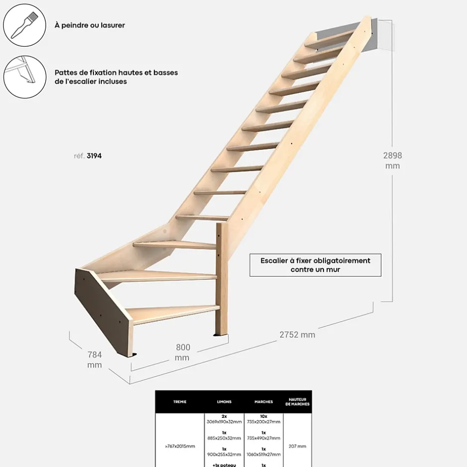 Kordo Escalier bois hêtre quart-tournant droit, Nostra