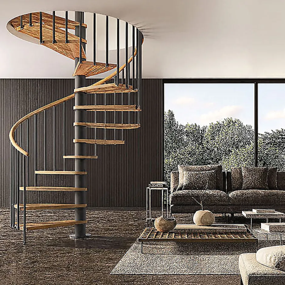 Matisere Escalier colimaçon 13 marches - Haut. à franchir 2.67 à 3.12m - Diam. 180cm - Trémie ronde - Struct. anthracite / marches Naturel