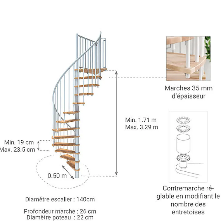 Matisere Escalier colimaçon 12 marches - Hauteur à franchir 2.28 à 2.82m - Diamètre 140cm - Structure blanche et marche hêtre -