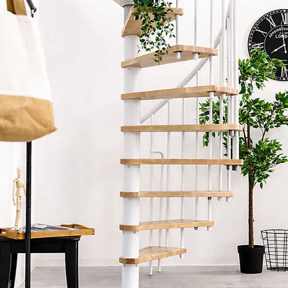 Matisere Escalier colimaçon 12 marches - Hauteur à franchir 2.28 à 2.82m - Diamètre 140cm - Structure blanche et marche hêtre -