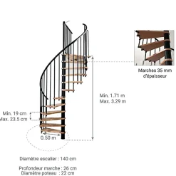 Matisere Escalier colimaçon 11 marches - Hauteur à franchir 2.09 à 2.59m - Diamètre 140cm - Structure noire et marche hêtre - BERL140-NH-11