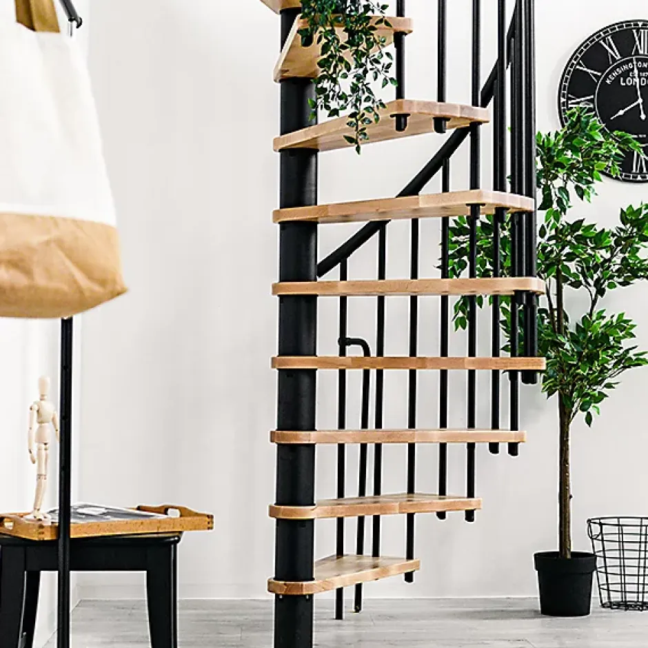 Matisere Escalier colimaçon 11 marches - Hauteur à franchir 2.09 à 2.59m - Diamètre 140cm - Structure noire et marche hêtre - BERL140-NH-11