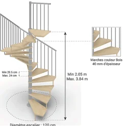 Escalier colimaçon 11 marches - Haut. à franchir 2.26m à 2.64m - Diam. 120cm - Trémie carrée - Struct. grise / marches naturel --Matisere Clearance
