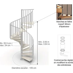 Escalier colimaçon 10 marches - Hauteur à franchir de 2.05 à 2.40m - Diamètre 1.05m - Structure blanche et marche blanchi --Matisere Discount