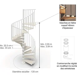 Escalier colimaçon 16 marches - Haut. à franchir 3.28 à 3.84m - Diam. 120cm - Trémie ronde - Struct. blanche / marches blanchi --Matisere Sale