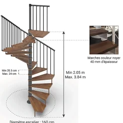 Escalier colimaçon 12 marches - Haut. à franchir 2.46 à 2.88m - Diam. 160cm - Trémie carrée - Struct. Anthracite / marches Noyer --Matisere Discount