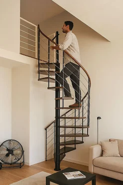 Escalier colimaçon 10 marches - Diamètre 120cm - Hauteur à franchir 1.95 à 2.35m - Noir et Noyer - VENE120-SNMNOY-10-Matisere Online