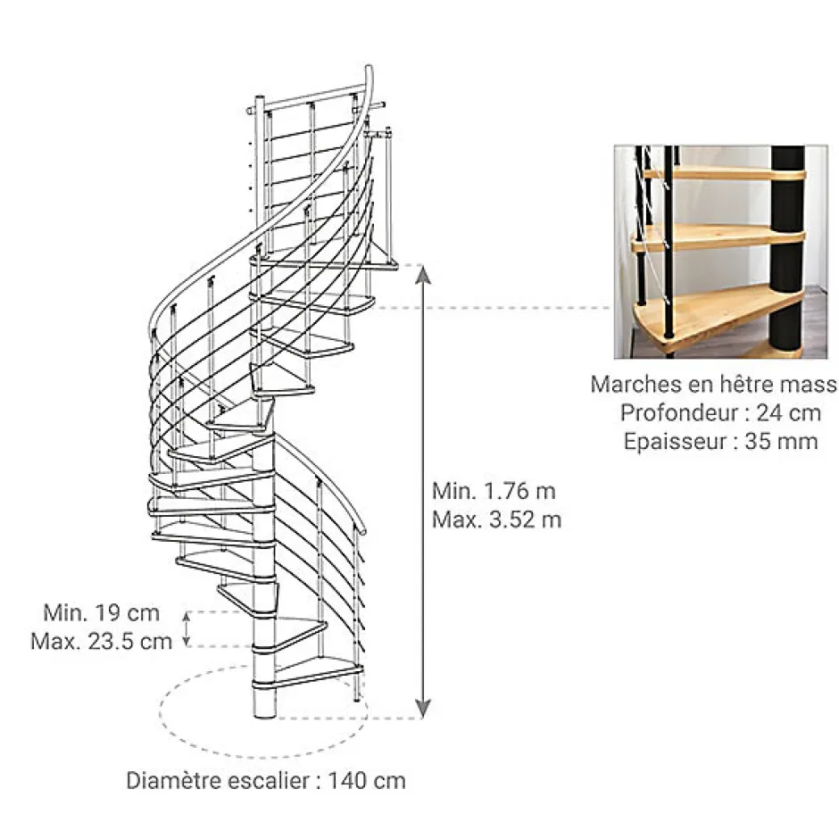 Matisere Escalier colimaçon 10 marches - Diamètre 140cm - Hauteur à franchir 1.95 à 2.35m - Gris et Noyer - VENE140-SGMNOY-10