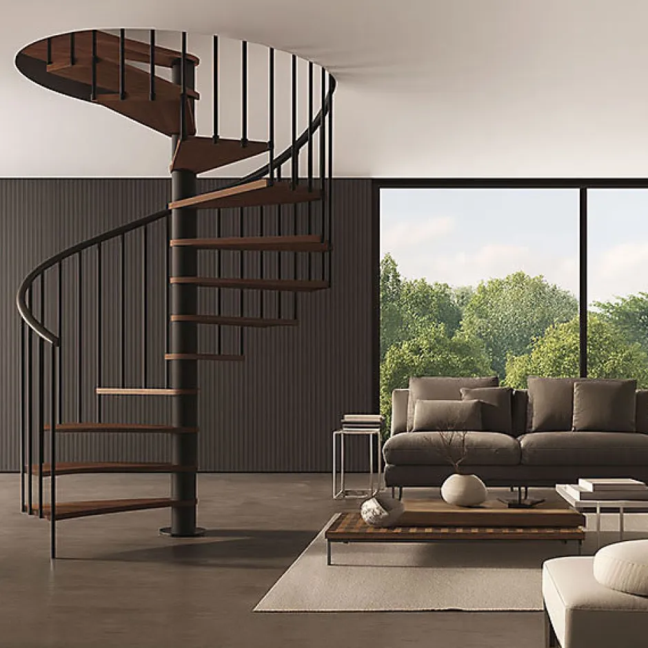 Matisere Escalier colimaçon 10 marches - Haut. à franchir 2.05 à 2.40m - Diam. 160cm - Trémie ronde - Struct. anthracite / marches Noyer -