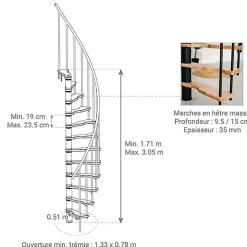 Escalier colimaçon 8 marches - Hauteur à franchir 1.71 à 2.12m - Structure grise et marche hêtre - Diamètre 140cm - SUON140/GH-8-Matisere Clearance
