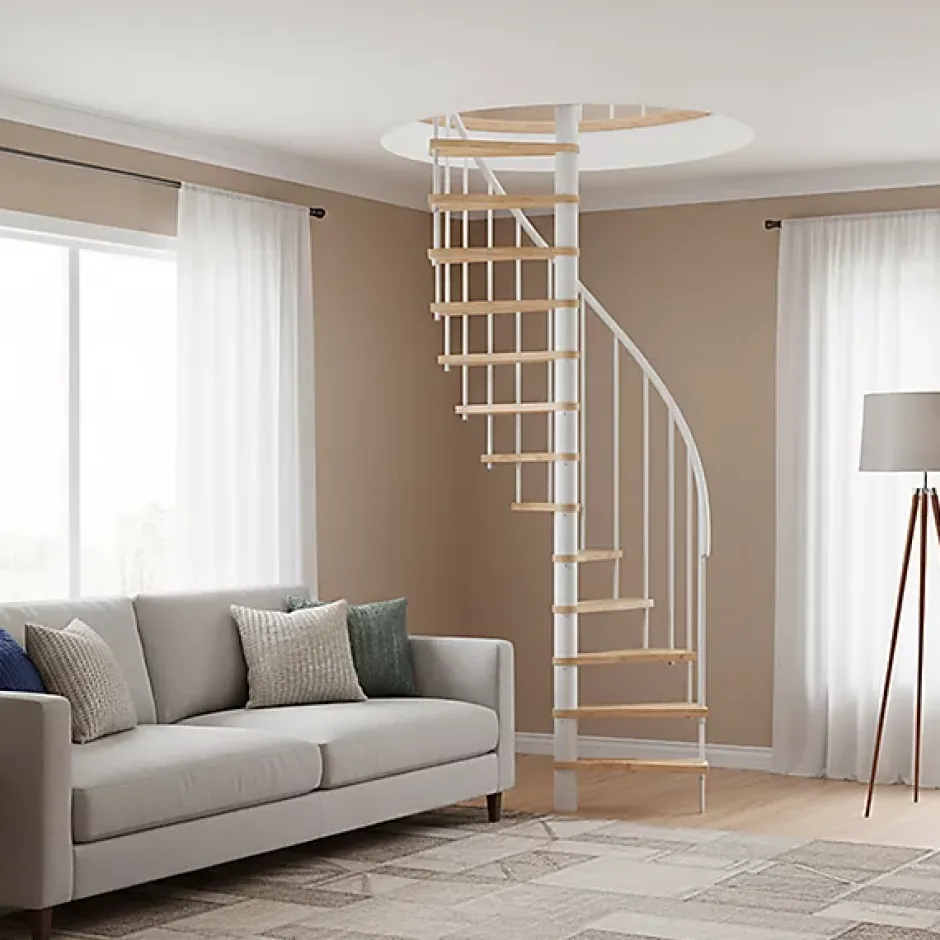 Escalier colimaçon 12 marches - Hauteur à franchir 2.47 à 3.05m - Structure blanche et marche hêtre - Diamètre 140cm --Matisere Discount