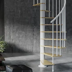 Escalier colimaçon 10 marches - Hauteur à franchir 2.05 à 2.40m - Diamètre 138cm - Bois et blanc - Sens anti-horaire --Matisere New