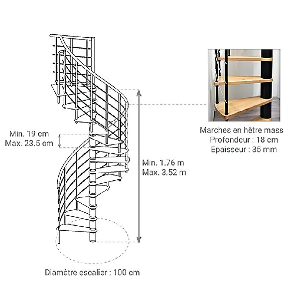 Matisere Escalier colimaçon 12 marches - Hauteur à franchir 2.34 à 2.82m - Structure grise et marche hêtre - Diamètre 100cm - VENE100/GH-12