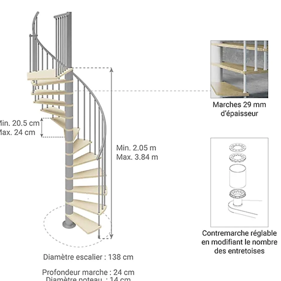 Escalier colimaçon 13 marches - Hauteur à franchir 2.67 à 3.12m - Diamètre 138cm - Bois et blanc - Sens anti-horaire --Matisere New