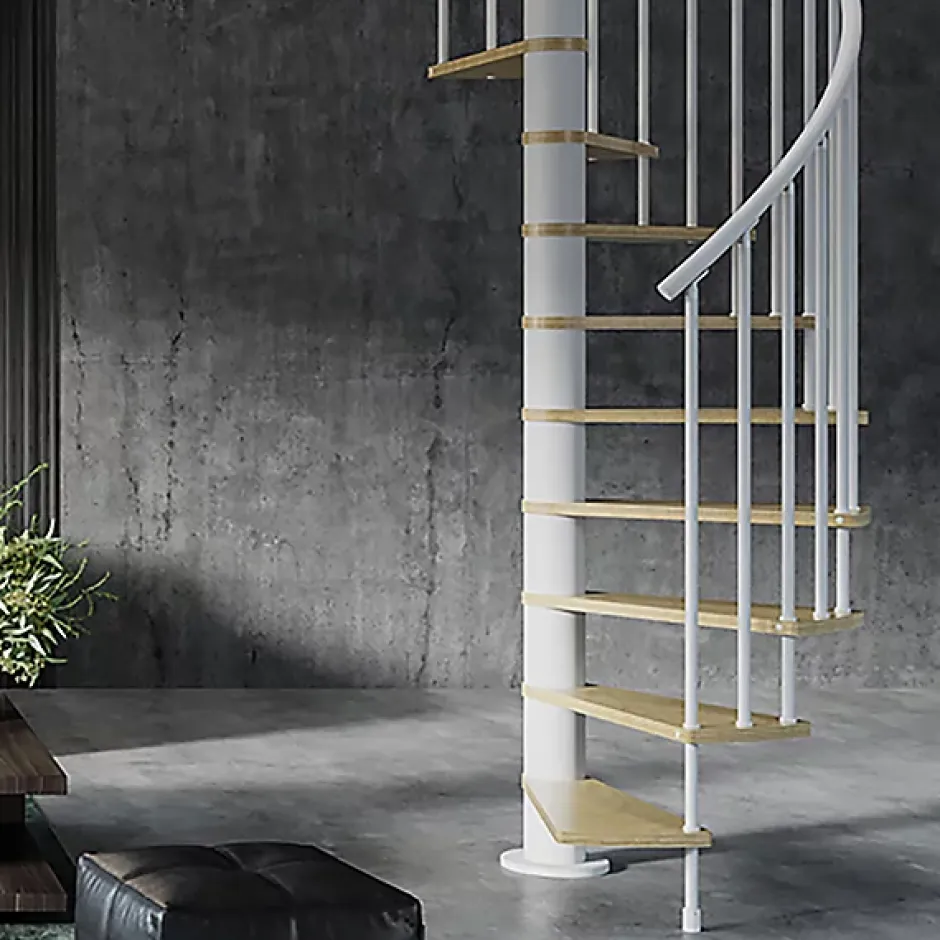 Escalier colimaçon 11 marches - Hauteur à franchir 2.26 à 2.64m - Diamètre 138cm - Bois et blanc - Sens anti-horaire --Matisere New