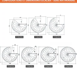 Escalier colimaçon 11 marches - Hauteur à franchir 2.26 à 2.64m - Diamètre 138cm - Bois et blanc - Sens anti-horaire --Matisere New