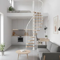 Escalier colimaçon 9 marches - Hauteur à franchir 1.90 à 2.35m - Structure blanche et marche hêtre - Diamètre 120cm - SUON120/BH-9-Matisere Clearance