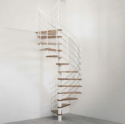 Matisere Escalier colimaçon 11 marches - Hauteur à franchir 2.15 à 2.59m - Structure blanche et marche hêtre - Diamètre 100cm -