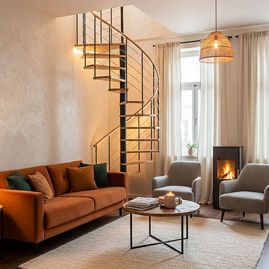 Escalier colimaçon 10 marches - Diamètre 120cm - Hauteur à franchir 1.95 à 2.35m - Noir et hêtre - VENE120-SNMNAT-10-Matisere Online