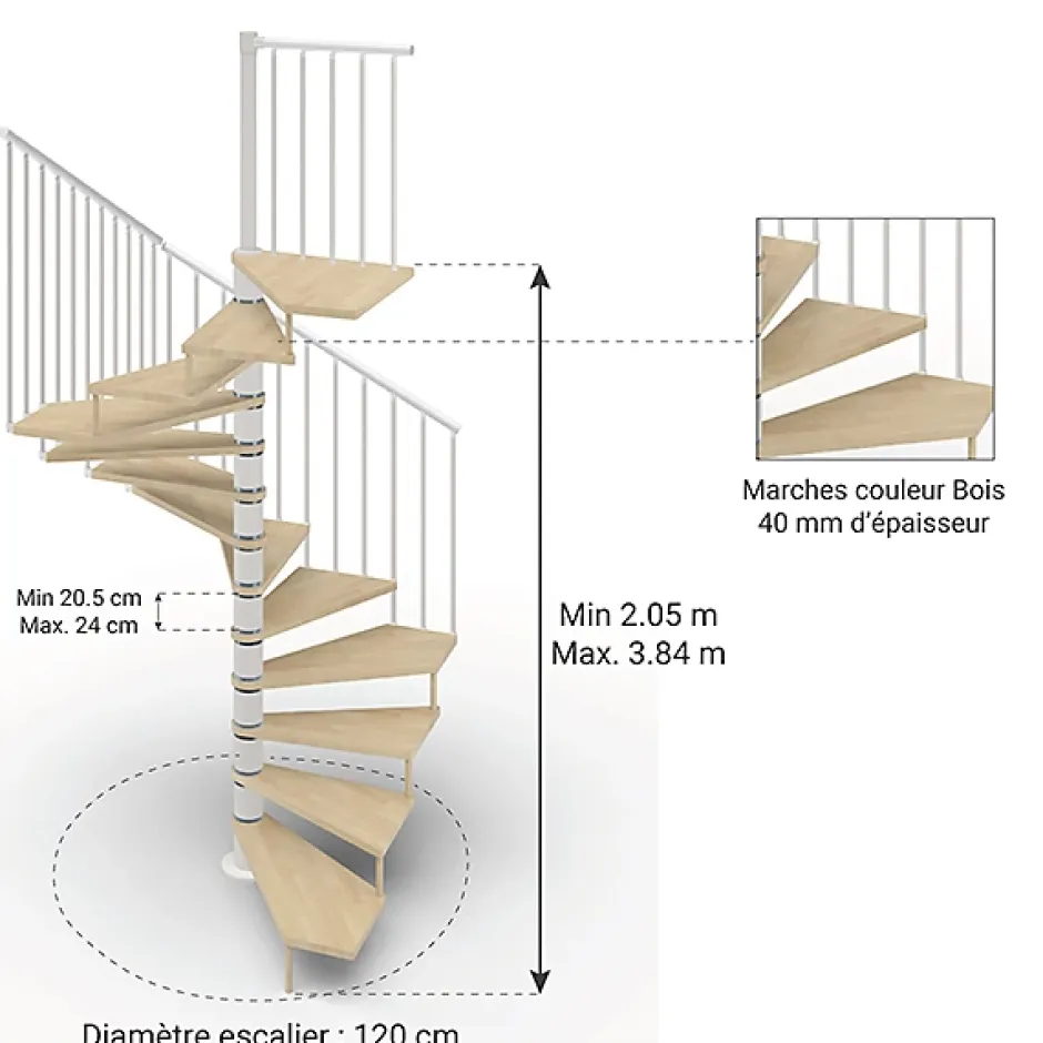 Matisere Escalier colimaçon 10 marches - Haut. à franchir 2.05 à 2.40m - Diam. 120cm - Trémie carrée - Struct. blanche / marches naturel -