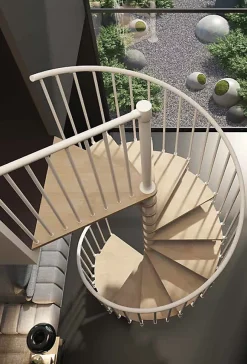 Escalier colimaçon 12 marches - Haut. à franchir 2.46 à 2.88m - Diam. 140cm - Struct. blanche et marche naturel - Trémie ronde --Matisere Clearance