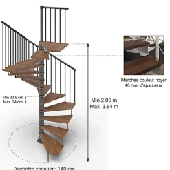 Escalier colimaçon 16 marches - Haut. à franchir 3.28 à 3.84m - Diam. 140cm - Trémie carrée - Struct. anthracite / marches noyer --Matisere Sale