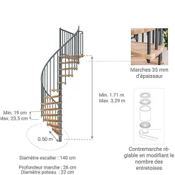 Matisere Escalier colimaçon 11 marches - Hauteur à franchir 2.09 à 2.59m - Diamètre 140cm - Structure grise et marche hêtre - BERL140-GH-11