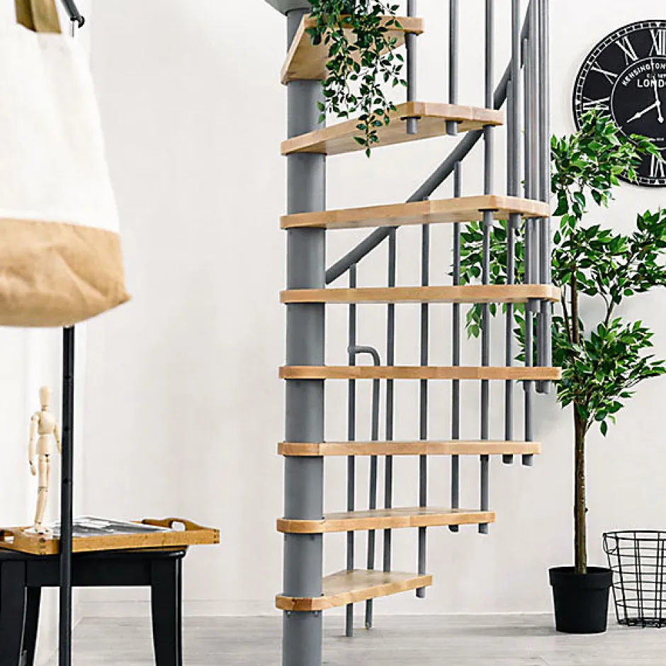 Matisere Escalier colimaçon 11 marches - Hauteur à franchir 2.09 à 2.59m - Diamètre 140cm - Structure grise et marche hêtre - BERL140-GH-11