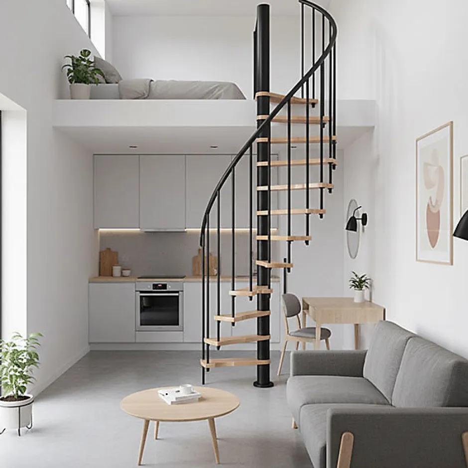 Escalier colimaçon 10 marches - Hauteur à franchir 2.09 à 2.59m - Structure noire et marche hêtre - Diamètre 120cm - SUON120/NH-10-Matisere Discount